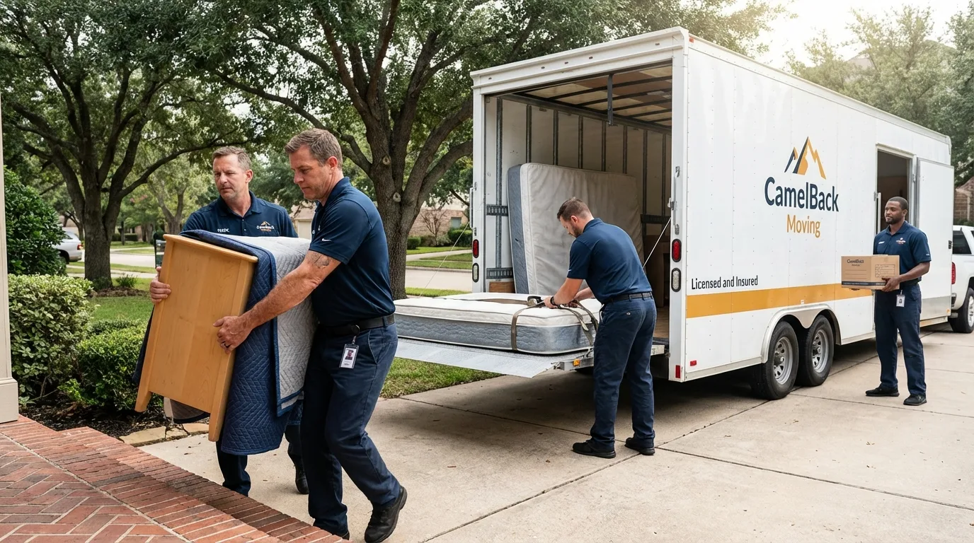 Crew loading residential truck for cross-state move from Bismarck, ND