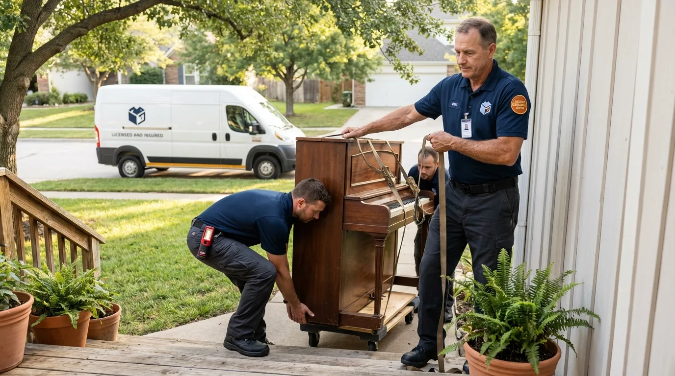 Licensed piano movers securing grand piano in Bismarck, ND
