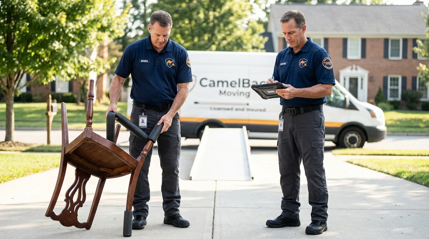 Movers inspecting furniture for damage prevention before loading in Bismarck, ND